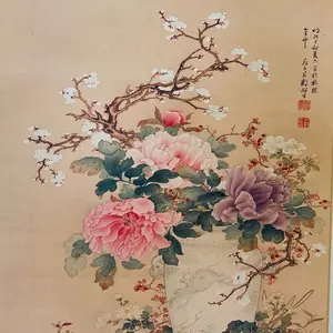 Traditional Chinese Scroll Print, Peonies with Calligraphy, Wall Hanging, Decor