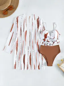 Three-Piece Set Women's  All Over Print Swimsuit Set, Casual Printed Swim Kimono & High Waist Swim Bottom & Tie Back Criss Cross Swim Bra, Bikini Sets, Ladies Summer Swimwear for Beach Holiday Vacation
