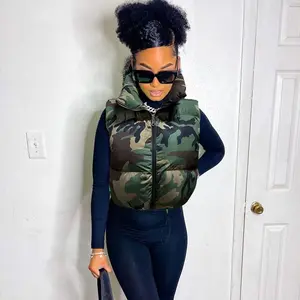 Street Camouflage Vest Padded Stand Collar Zipper Sleeveless Short Cotton Jacket