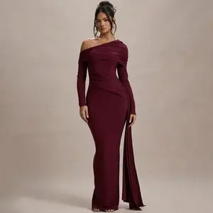Women's Elegant Off Shoulder Long Sleeve Maxi Dress Sexy Strapless Ruched Metal Buckle Ribbon Bodycon Party Cocktail Dresses