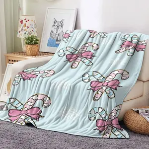 ! Christmas Cane Bow Flannel Digital Print Blanket, Light Blue Base with Bow Cane & Snowflakes, Soft Skin-Friendly Material