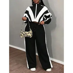 (New)Women's Street Style Casual Patchwork Two-Piece Set, Contrast Color Zipper Long Sleeve Top & Elastic Waist Pants, Sporty