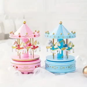 Spring-Wound Rotating Horse Decorative Music Box, Cake Decoration Toy Ornament, Blue Wooden Musical Box Gift, No Power Needed, Perfect for Weddings, Birthday