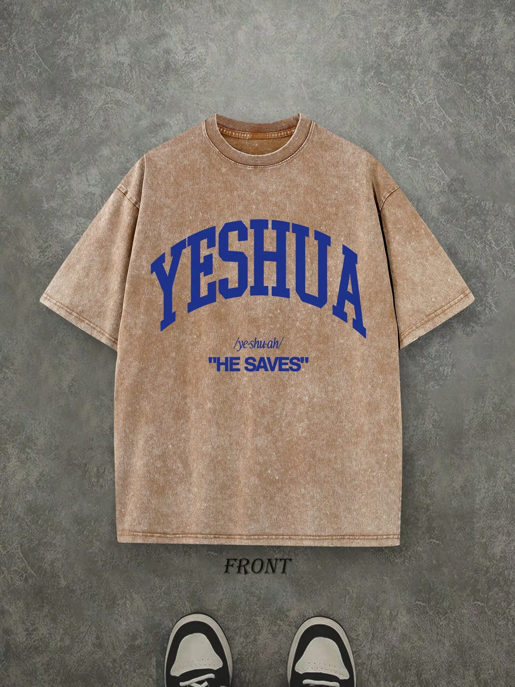 Vintage Yeshua "He Saves" Varsity Christian T-Shirt, Washed Brown Cotton Oversized Short Sleeve Tee, Faith-Based Casual Crewneck