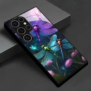 Colorful Dragonfly Pattern Design Tempered Glass Phone Case, Suitable for Samsung Galaxy S26 S25 S24 S23 S22Pro S21 S20 Fe Plus Ultra Pro A56 A55 A54 A53 A52 A51 A36 A35 A34 A32 A26 A25 A24 A23 A16 A15 A14 A06 A05 A03s High-End Business St