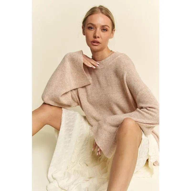 Davi & Dani High-Low Round Neck Drop Shoulder Sweater
