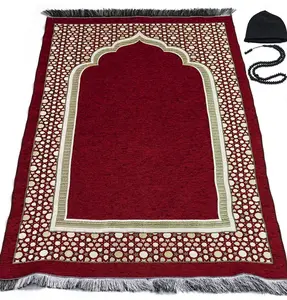 Chenille Embroidered Selcuk Star Islamic Prayer Mat - Red