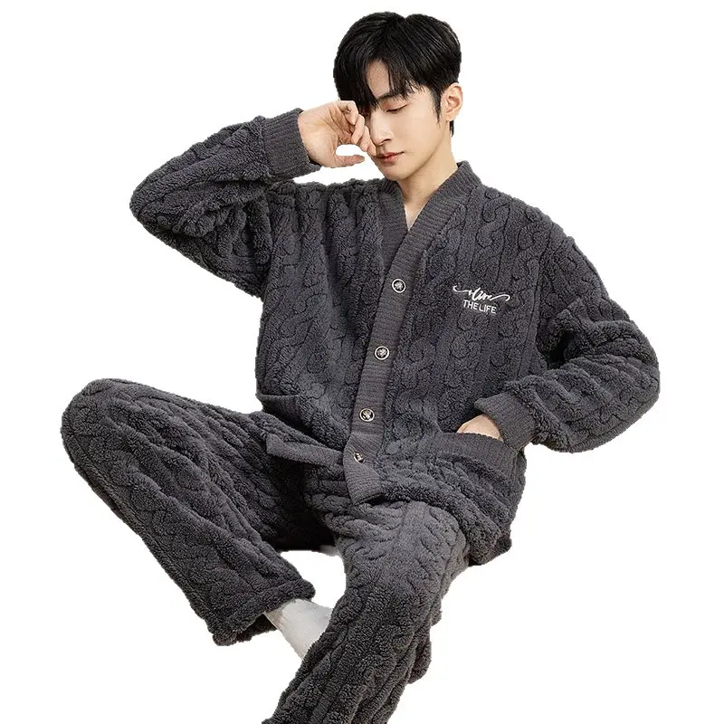 Men's Soft Coral Fleece Pyjama Set, Long Sleeve V-Neck Jacquard Top and Pants, Warm Winter Loungewear for Big & Tall, Pyjamas, Nightwear, Menswear, Thoughtful Gift, Relaxed Cut