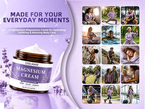 COOLMAKE Magnesium Cream – Magnesium + Lavender + Aloe + Vitamin E | Promotes Deep Relaxation, Calming Sleep Support, Post-Workout Muscle Comfort & Nourished Skin | Lightweight, Non-Sticky