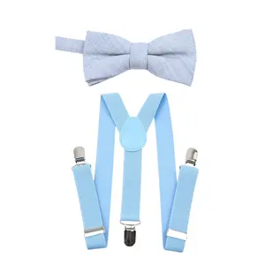 TIE MOOD Silver Cotton Kid's Pre-Tied Bow Tie & Light Blue Suspenders Set | Bow Tie & Suspender for Boys & Dad| Easter Outffit | Matching