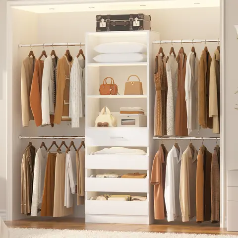 ISUNIRM Modern Large Size 4-9FT Single Unit Closet Organizer System - 4 Drawers, Hanging Rods, Adjustable Shelves, Organization Storage Unit for Walk In Closet, Clothes, Shoes, Bags, Bedroom Wardrobes