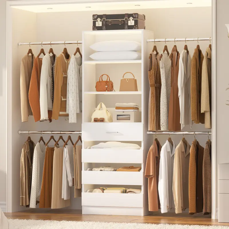 ISUNIRM Modern Large Size 4-9FT Single Unit Closet Organizer System - 4 Drawers, Hanging Rods, Adjustable Shelves, Organization Storage Unit for Walk In Closet, Clothes, Shoes, Bags, Bedroom Wardrobes