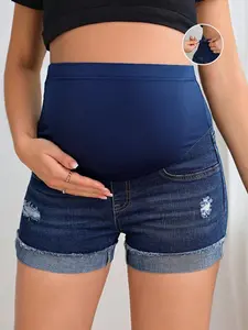 PARARA Maternity Adjustable Waist Ripped Roll Up Hem Denim Shorts