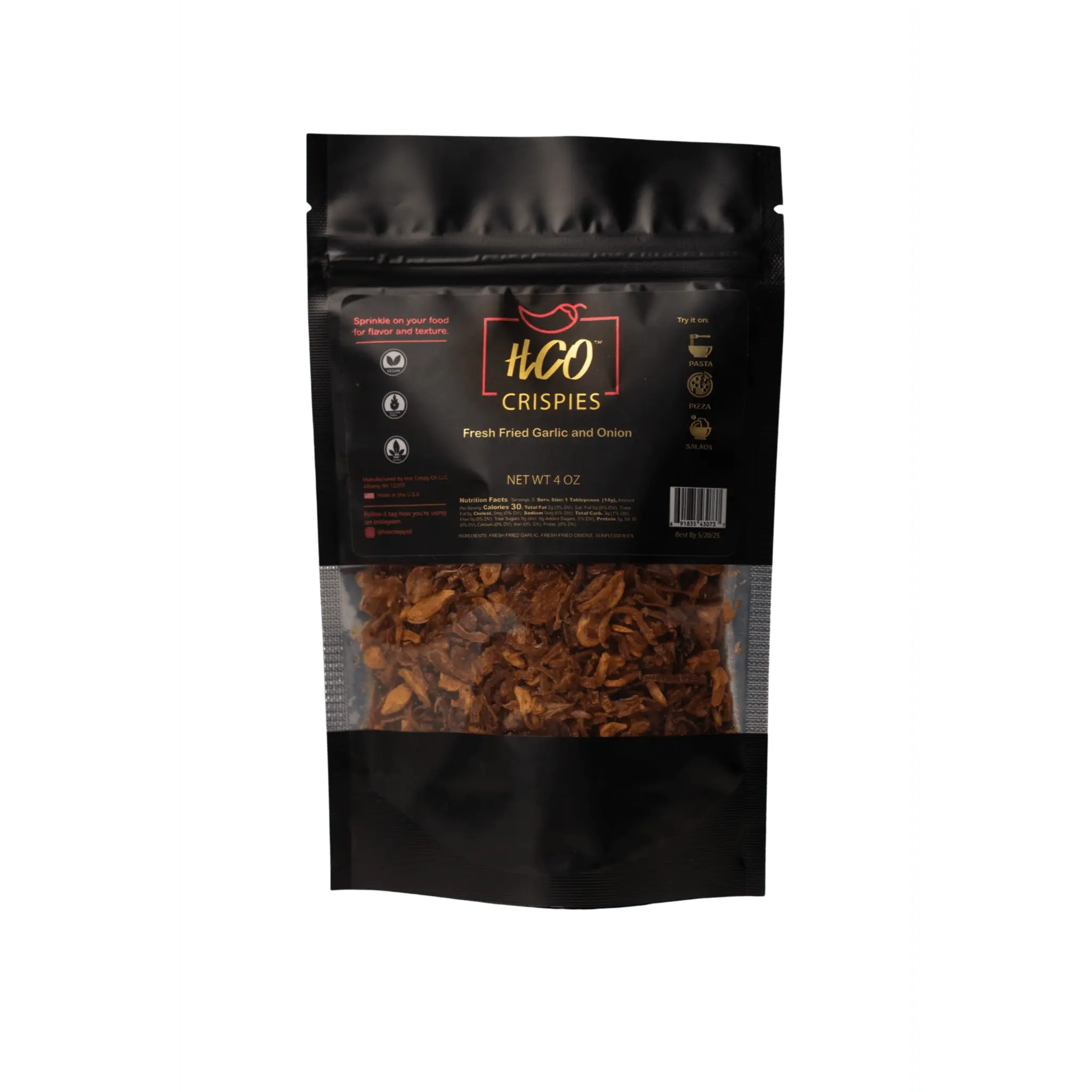 HCO Crispies Fresh Fried Garlic and Onion Topping 4 oz Pack of 2 No Heat Crispy Crunchy Flavor for Salads Pizza Pasta Eggs Sandwiches