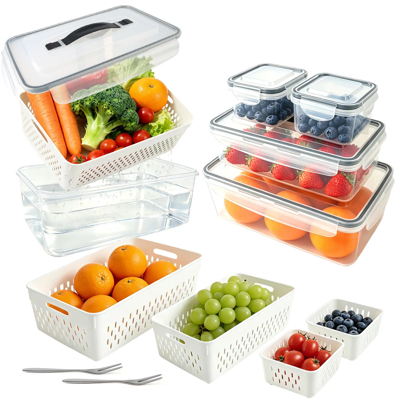 5-Pack Fruit Storage Containers & 2 Pack fruit forks for Fridge with Removable Colanders & Airtight Lids – Produce Storage Containers for Fruits, Veggies, Salad, Berries | Leak-Proof, Dishwasher & Microwave Safe