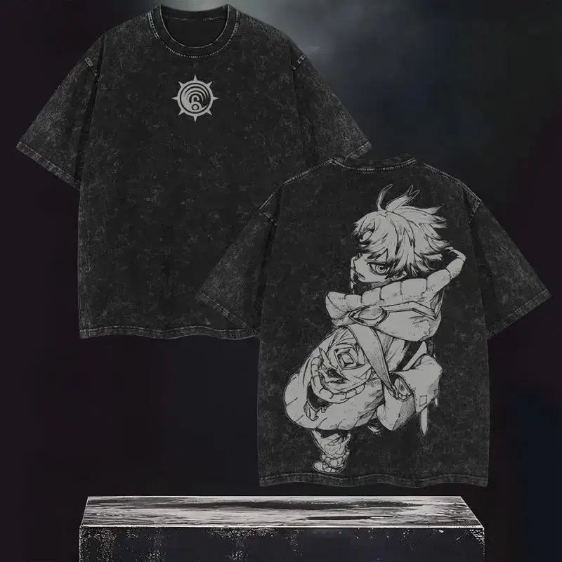 Men's Vintage Washed Double-Sided Meliodas Dragon Sin Symbol Graphic Tee, Oversized 7 Deadly Sins Manga Y2K Anime Streetwear Short-Sleeve Unisex Relaxed-Fit Top for Anime Otaku Fans