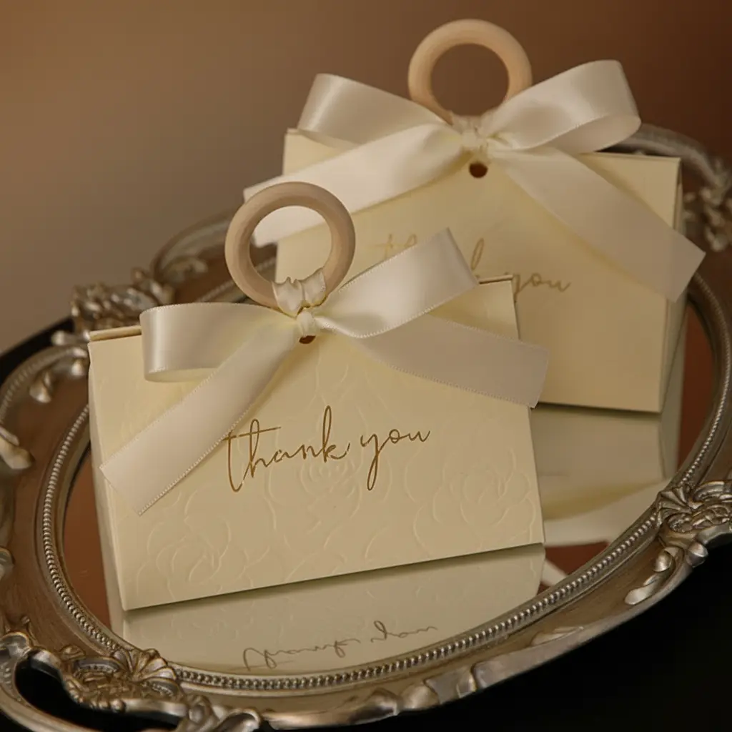 Elegant Wedding Favor Boxes with Wooden Handle & Ribbon - "Thank You" Guest Gift Box - Party Favor Boxes & Party Gifts  - Set of 12