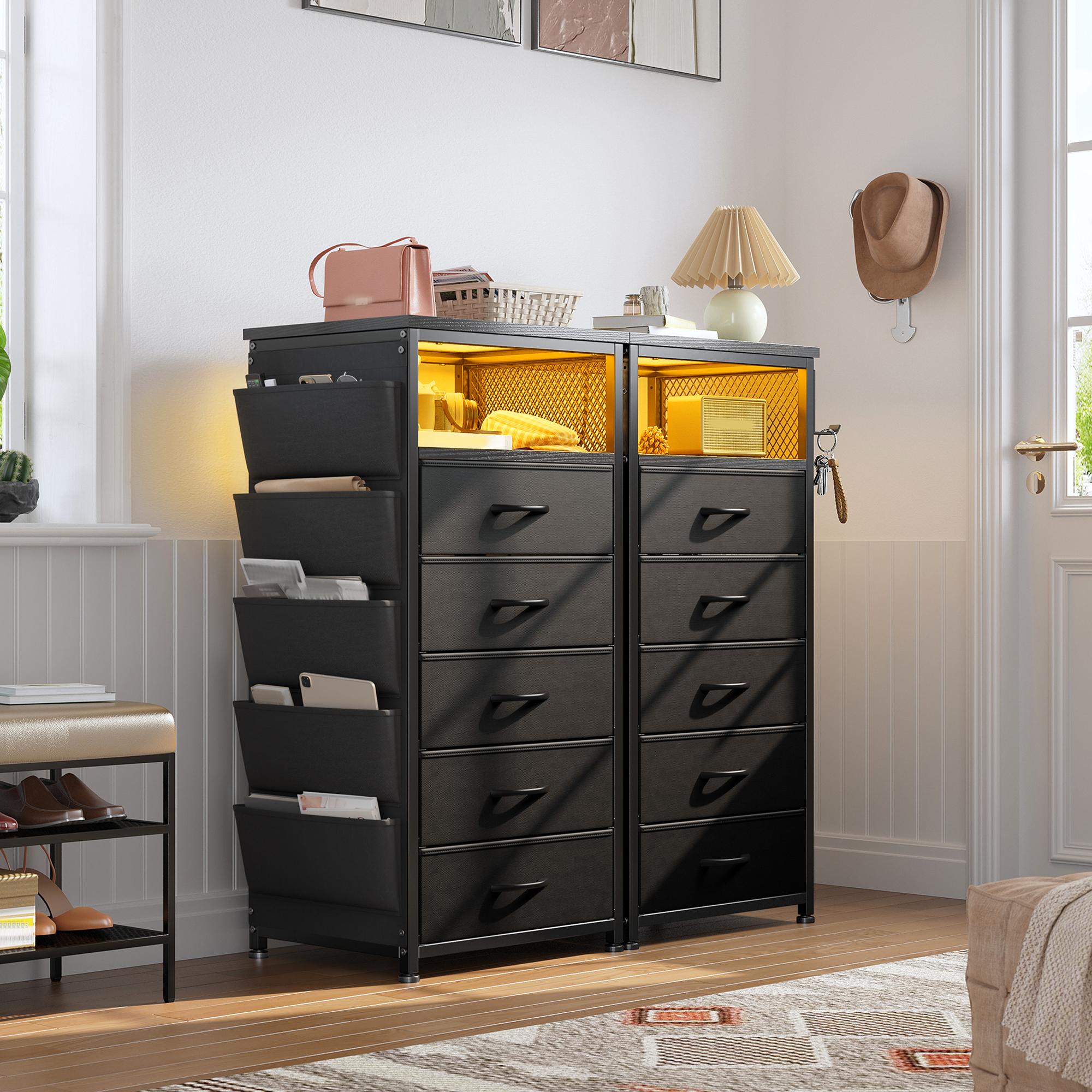 Raybee 37.5" Tall LED Night Stand with 5 Drawers for Tall Bed, Black Narrow Dresser with Charging Station for Living Room, Night End Table with Extra Side Bag & Hooks, Bedside Table with Power Stripe, Bedroom, Closet, Hallway, Entryway, White, Brown