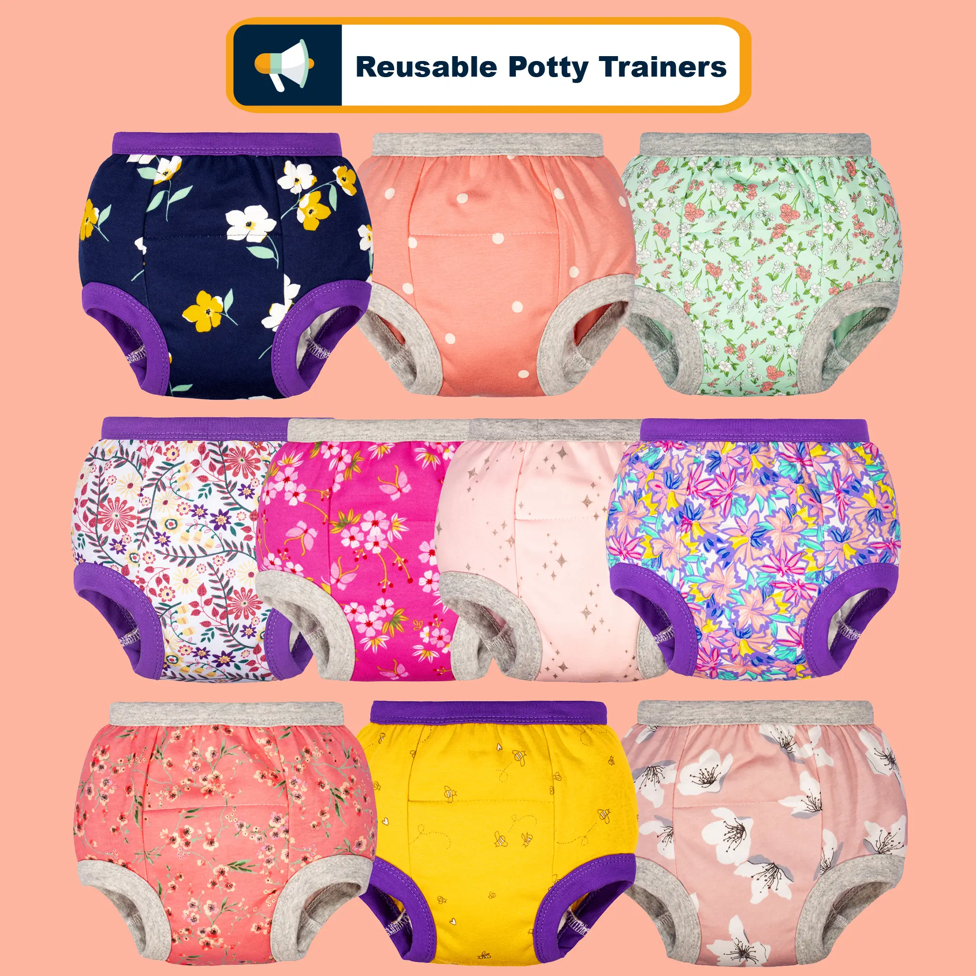 Girls' Cotton Underwear 10-Pack - Soft, Reusable Daytime Potty Training Pants for 1t,2t,3t,4t,5t Toddlers, Slight Stretch, Soft Cotton, Potty Signal, Garment Underwear, Toddler Panties, Clothing, Machine Wash, Daytime Use, 1T-5T Sizes, All Over Print, All