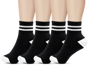 Mini Crew Socks for Women Soft Comfort Terrycloth Bottom Cute Striped Retro Athletic Quarter Calf Gym Socks (4-Pack) Comfy Cotton Black With white stripe