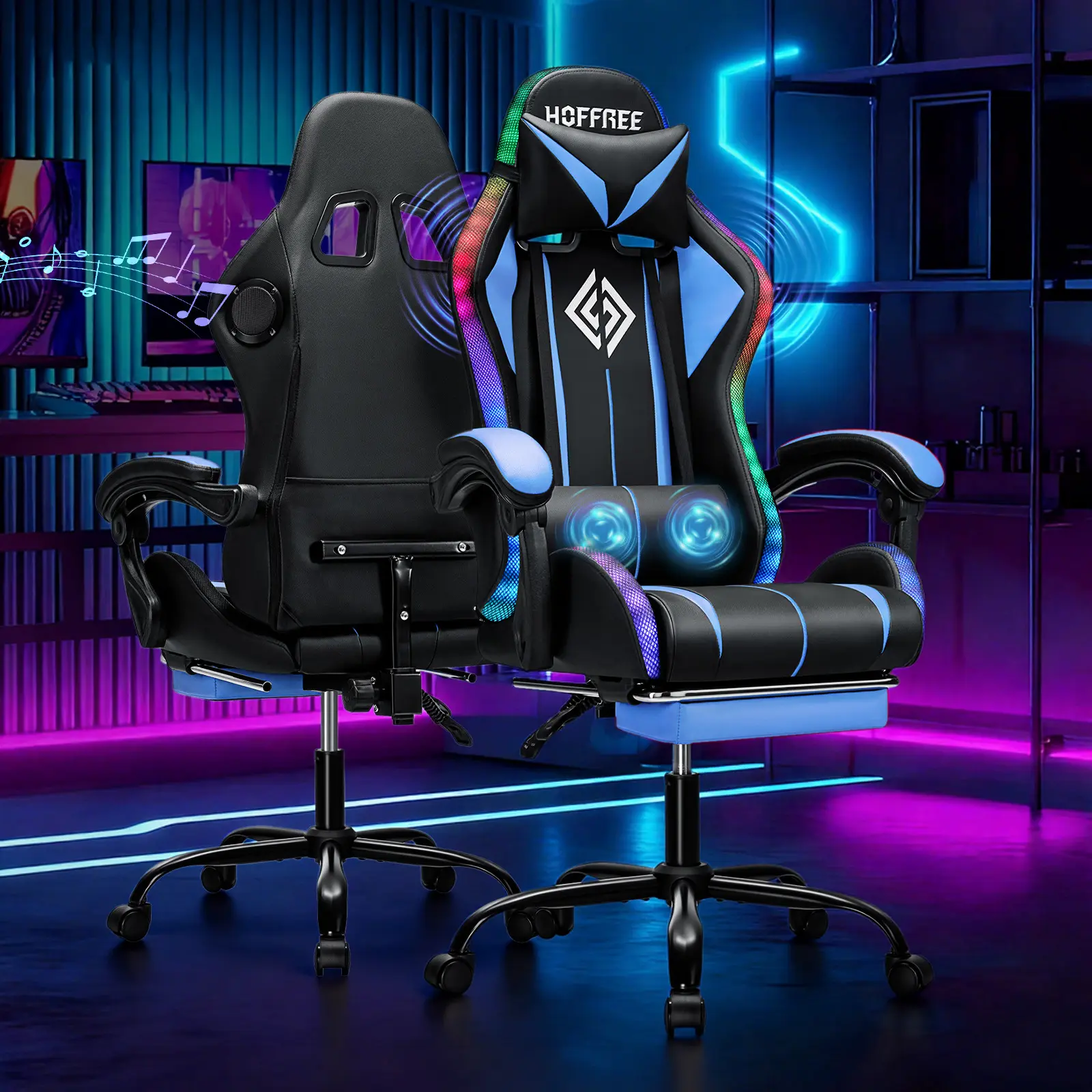 HOFREE RGB Gaming Chair with Speakers Massage Computer Gaming Chair with LED Lights and Footrest High Back Video Game Chair for Adults Purple and Black