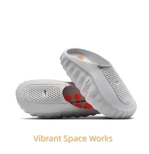 Light Grey Futuristic Mule Slides, Orange Cushioning Sphere Outsole, Perforated Upper, Sports Recovery Tech Slides
