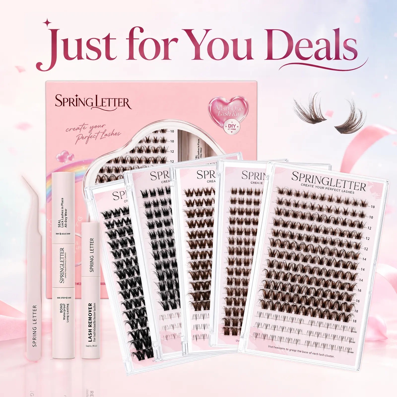 Lash Clusters Kit with Bottom Lash Clusters, Wispy Fluffy Eyelash Clusters 10-18mm, Brown & Black DIY Cluster Lashes with Bond & Seal, Remover & Tweezers, At-Home Lash Extensions spikes