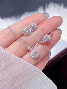 Luxury Square Cubic Zirconia Jewelry Set, Includes Necklace, Earrings & Ring, Perfect for Parties, Evening Wear & Wedding