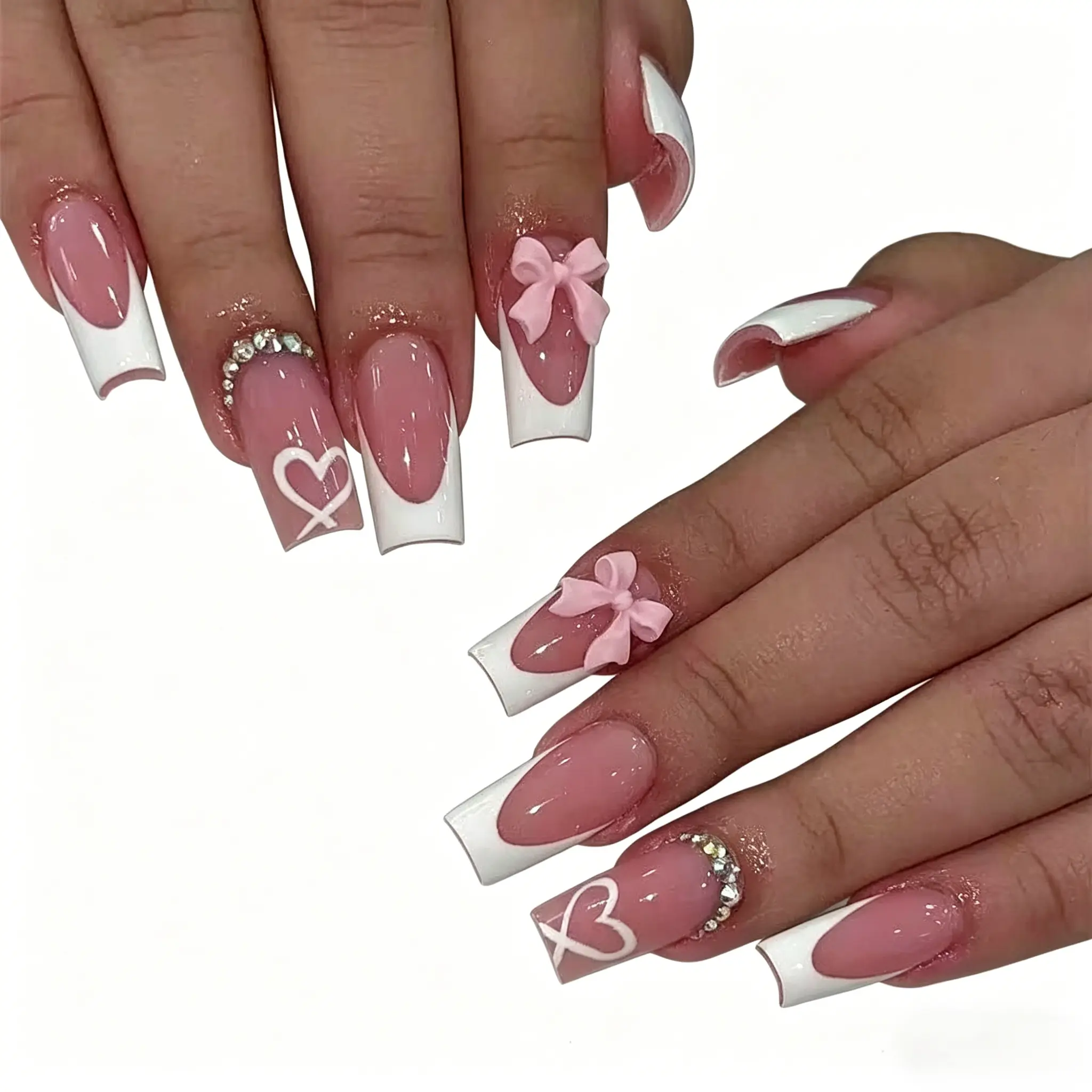 French Tip Nude Pink Press On Nails | 3D Pink Bow Heart Rhinestone Long Coffin Fake Nails, Glitter Coquette Reusable False Nails for Daily Date Party