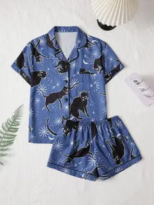 Women's Summer Pajama Set, Thin Button Front Cartoon Cat Print Short Sleeve Top & Shorts Two-Piece Sleepwear for Casual Home Wear, Loungewear