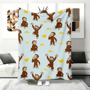Curious George Monkey Banana Theme Flannel Blanket, Large Size, Soft Lightweight Warm, Perfect for Bed Sofa Office Camping Travel, Warm Nap Blanket,  bedding ,plush blankets,mellow blanket