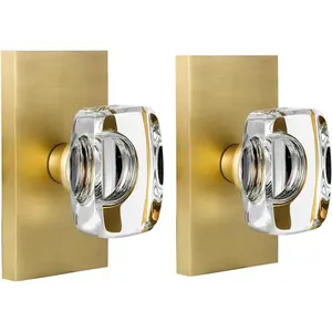 Satin Brass  Glass Dummy Door Knob Interior,  Dummy Door Knob for Closet Hall Rectangular Single Side Non-Turning Inactive, 2 Pack