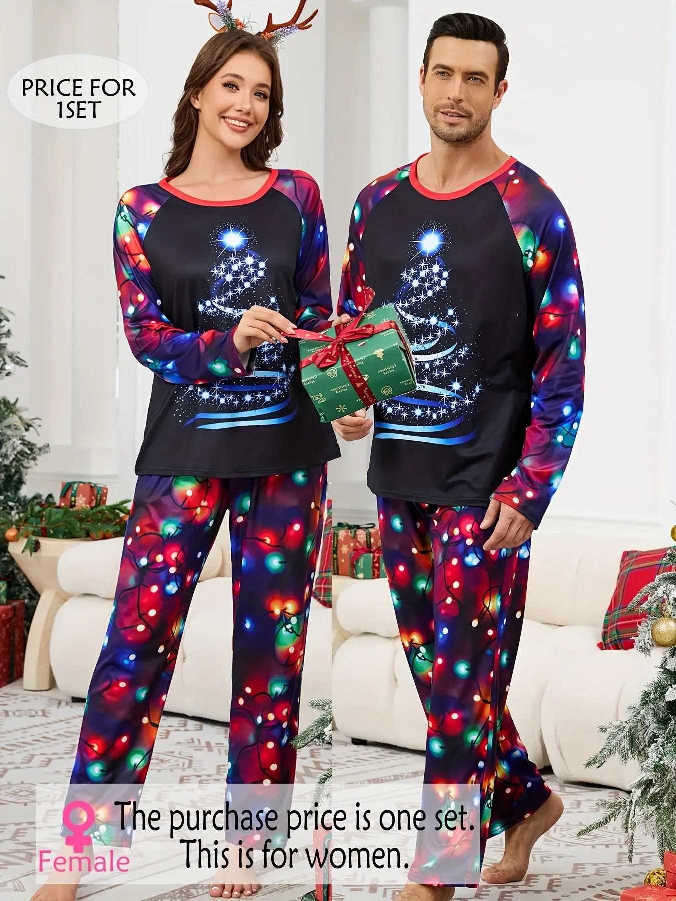 Autumn and winter, men's or women's, Festive Christmas printed pajama set, Nightwear, long-sleeved trousers, single set.