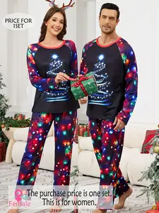 Autumn and winter, men's or women's, Festive Christmas printed pajama set, long-sleeved trousers, single set.