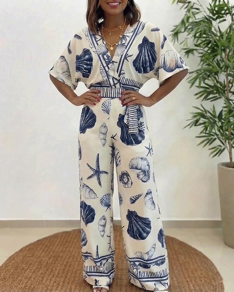 ChicMe Women's Ocean Print Jumpsuit Seashell Starfish Wrap V Neck Batwing Sleeve Tie Waist Wide Leg Romper with Pockets ChicMe Women's Ocean Print Jumpsuit Seashell Starfish Wrap V Neck Batwing Sleeve Tie Waist Wide Leg Romper with Pockets