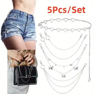 5 Pieces Chain Belt Jeans Pants Pocket Waist Multi-Layer Hip Hop Metal Wallet Chain for Men Women