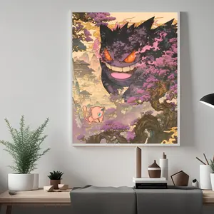 Gengar & Mew Poster, Anime Art, Bedroom Decor, Japanese Unframed Wall Art