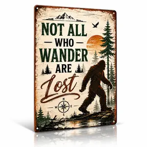 Vintage Metal Tin Sign, Not All Who Wander Are Lost Bigfoot Vertical Sign, Retro Sasquatch Forest Mountain Wall Art Decor for Cabin Camp Garage Man Cave Porch, Inspiring Outdoor Lover Gift Present 8x12 Inch summervibes☀️ Rectangle Design