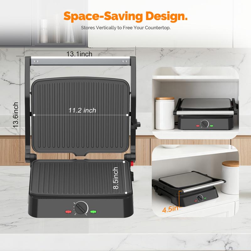 MIRASTON 3-in-1 Electric Indoor Grill & Panini Press, 1500W Fast Cooking, Adjustable Temp (410°F-482°F), Non-Stick Plates & Drip Tray, Easy Clean, Holiday Haul