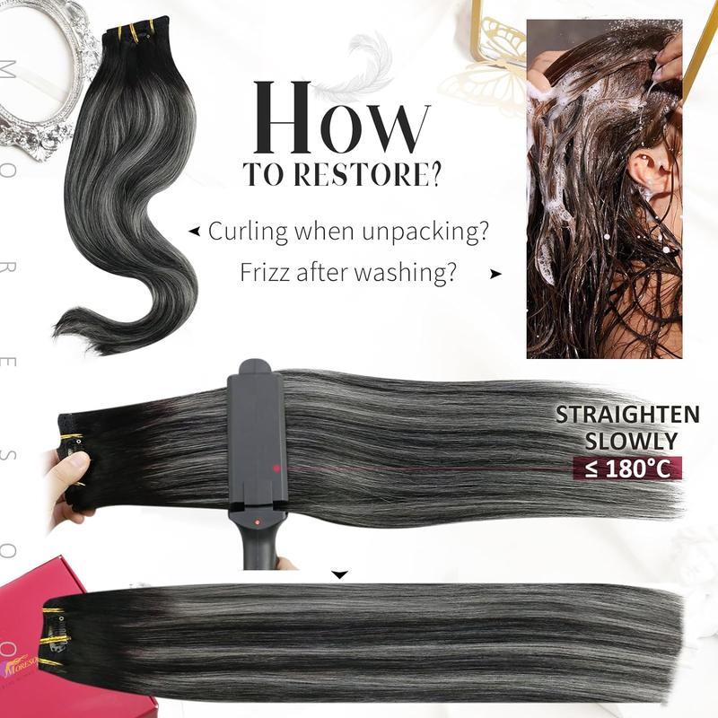 MORESOO Clip-in Hair Extensions Remy Human Hair Natural Straight 10-28inch Invisible Seamless Color Blend Easy Wear Black Hair Clip on for Women