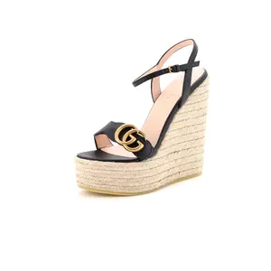 Pre-owned Gucci Women's GG Marmont Wedge Espadrille Sandals Leather by Rebag