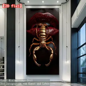 2D fiat red lips and golden scorpion contrast image, modern home wall art decoration, frameless canvas painting, bathroom, living room, bedroom, office, restaurant, bar wall decoration, art