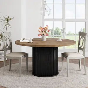 Retro Brown 47" Round Dining Table for 4-6 People, Dining Room Table with Sturdy Waveform Metal Pedestal Base, Farmhouse Circle Kitchen Table for Dining Room, Kitchen
