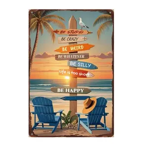 Tropical Beach Metal Sign – 8x12 Inch Retro Wall Decor with Surfboards and Palm Trees – Vintage Tin Sign for Patio, Porch, Bar, or Coastal Bathroom