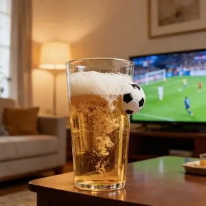 Soccer Beer Glass with Embedded Football, 16oz Clear Glass Cup for Sports Fans, Novelty Pint Glass for Game Day, Bar, BBQ & Soccer Themed Parties, Unique Gift for Men, Soccer Lovers