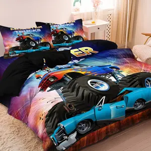 3pcs Set Monster Truck Print Duvet Cover Set, Skin Friendly Fabric Digital Printed Racing Bedding for Home Bedroom Dormitory and Hotel Use (1 Duvet Cover + 2 Pillowcases No Comforter No Pillow)