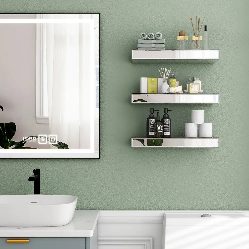 Silver Mirrored Glass Floating Shelves Set of 3 - Home Decor Wall Storage Shelves for Living Room, Bedroom Display