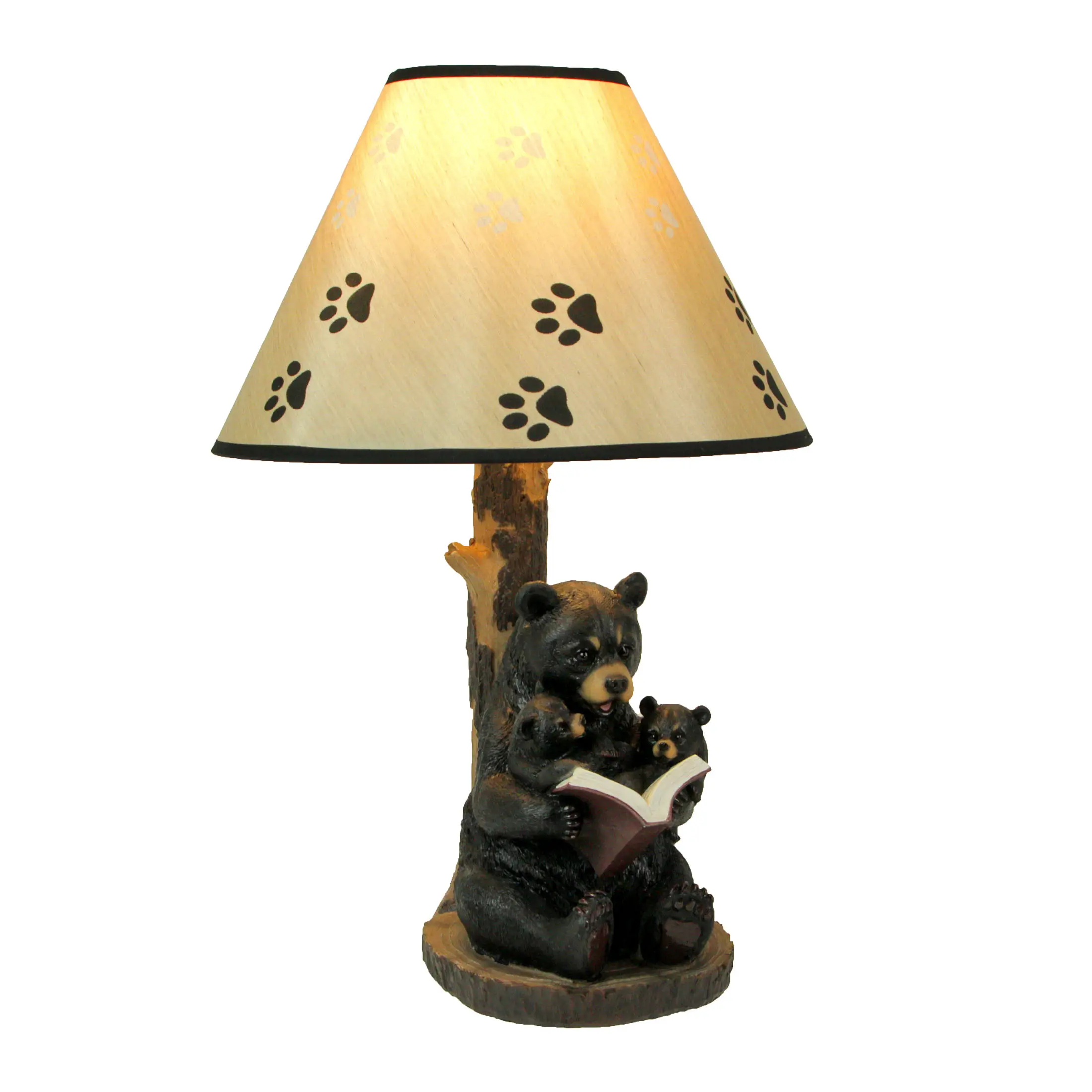 Black Bear Reading to Curious Cubs Table Lamp w/Paw Print Shade Western Décor