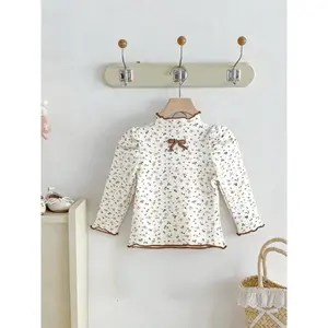 Korean Style Baby Girl Toddler Cute Bow Ditsy Floral Ruffle Half High Neck Long Sleeve T-Shirt, Spring & Fall Fitted Bottom Tee