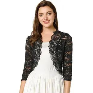 INSPIRE CHIC 3/4 Sleeve Sheer Floral Lace Shrug Top Black